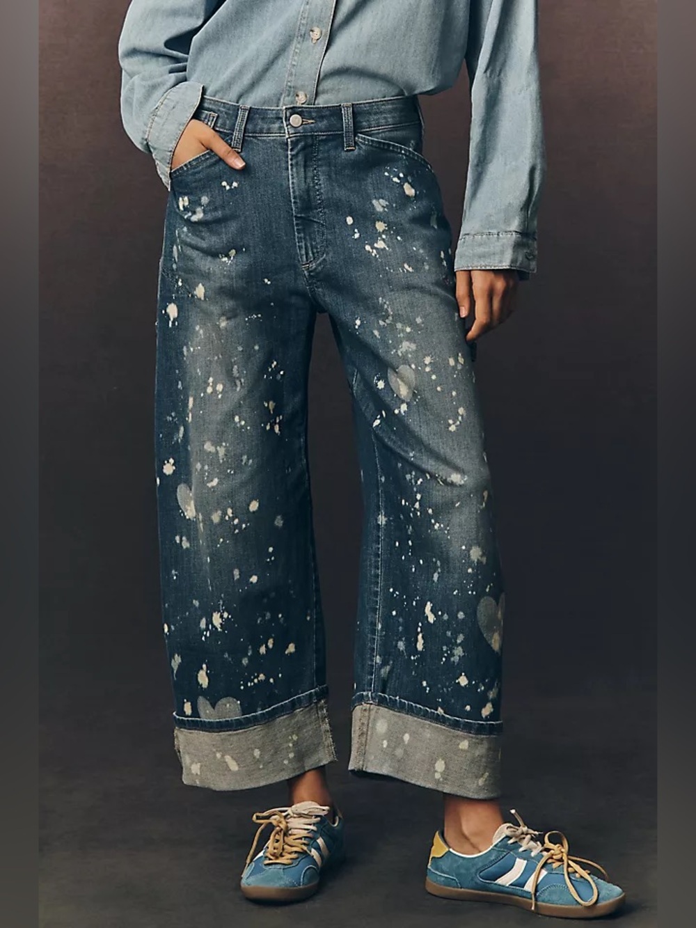 Pilcro Dark Blue Wide-Leg Jeans with White Paint Splatter